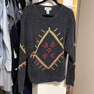 UNIONBAY Black Crewneck Sweater with Yellow, Orange & Red Geometric Design